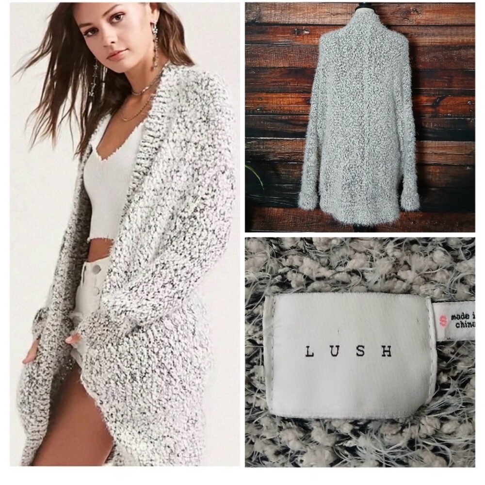 LUSH Cardigan Sweater S Oversized Eyelash Popcorn Knit Open Front Pockets